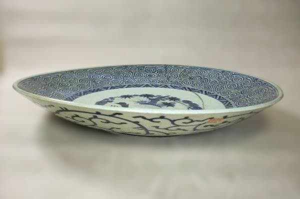 伊万里「江戸期」染付 蛸唐草 松竹梅 大皿 径;46.5cm 継ぎ手 骨董 希少
