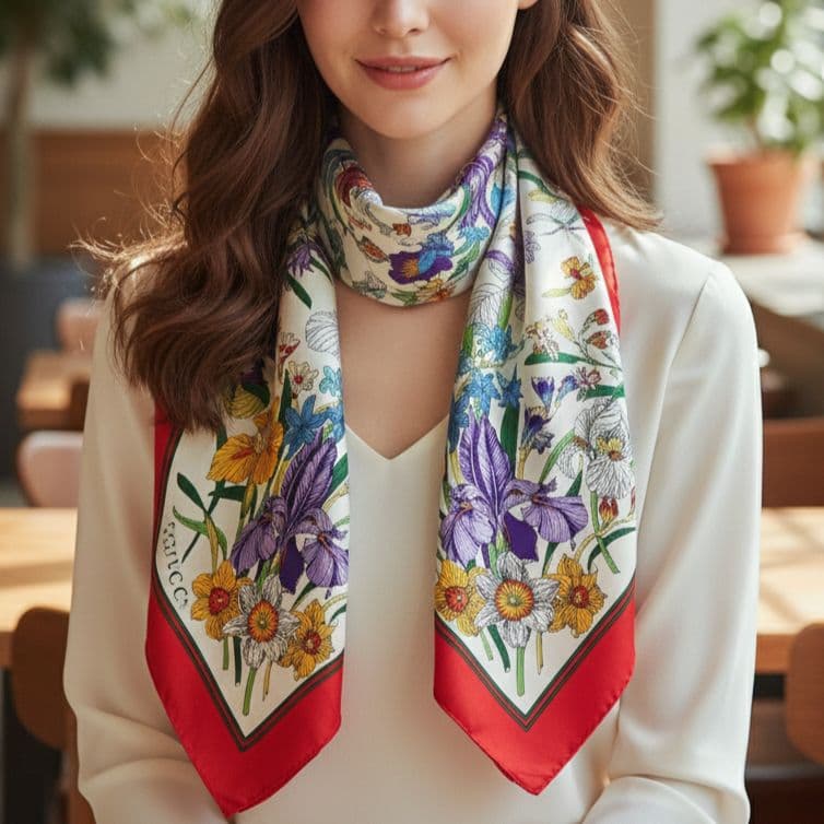 【未使用級】GUCCIグッチ 花柄スカーフ イタリア製 レッド系 シルク100％