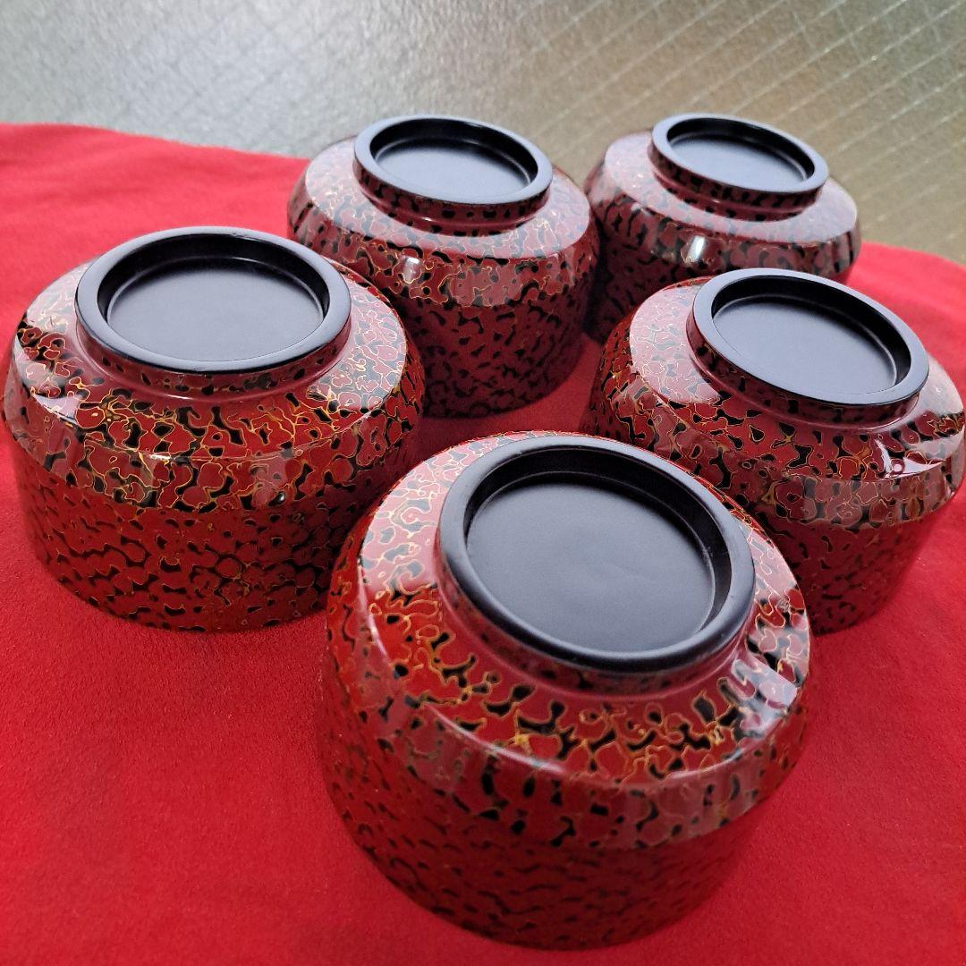 【津軽塗　唐塗　筒型　汁椀/飯椀×5客】天然木製　赤上　未使用/長期保管品