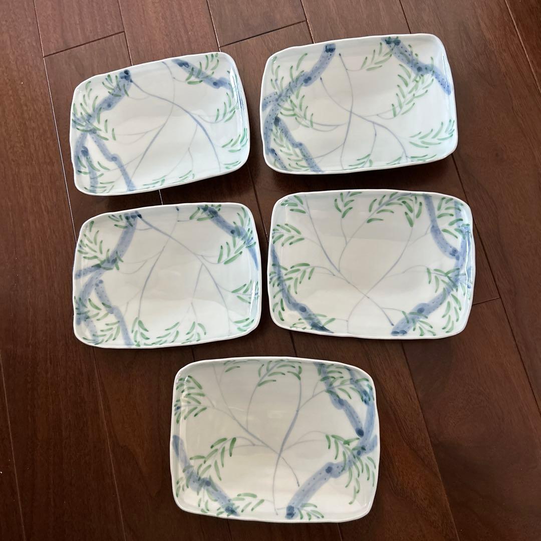 藍水　柳の木の柄　角皿 5枚セット