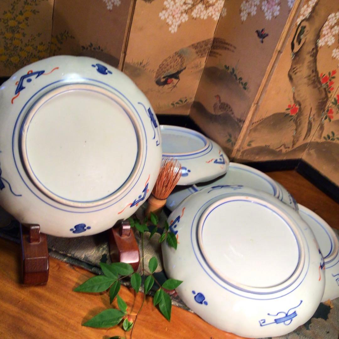 454古伊万里 染錦手 見込花唐草 窓絵花鳥紋様 8寸 5枚