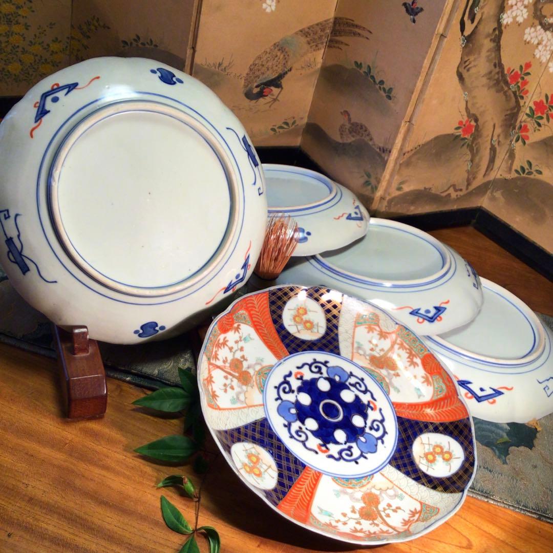 454古伊万里 染錦手 見込花唐草 窓絵花鳥紋様 8寸 5枚