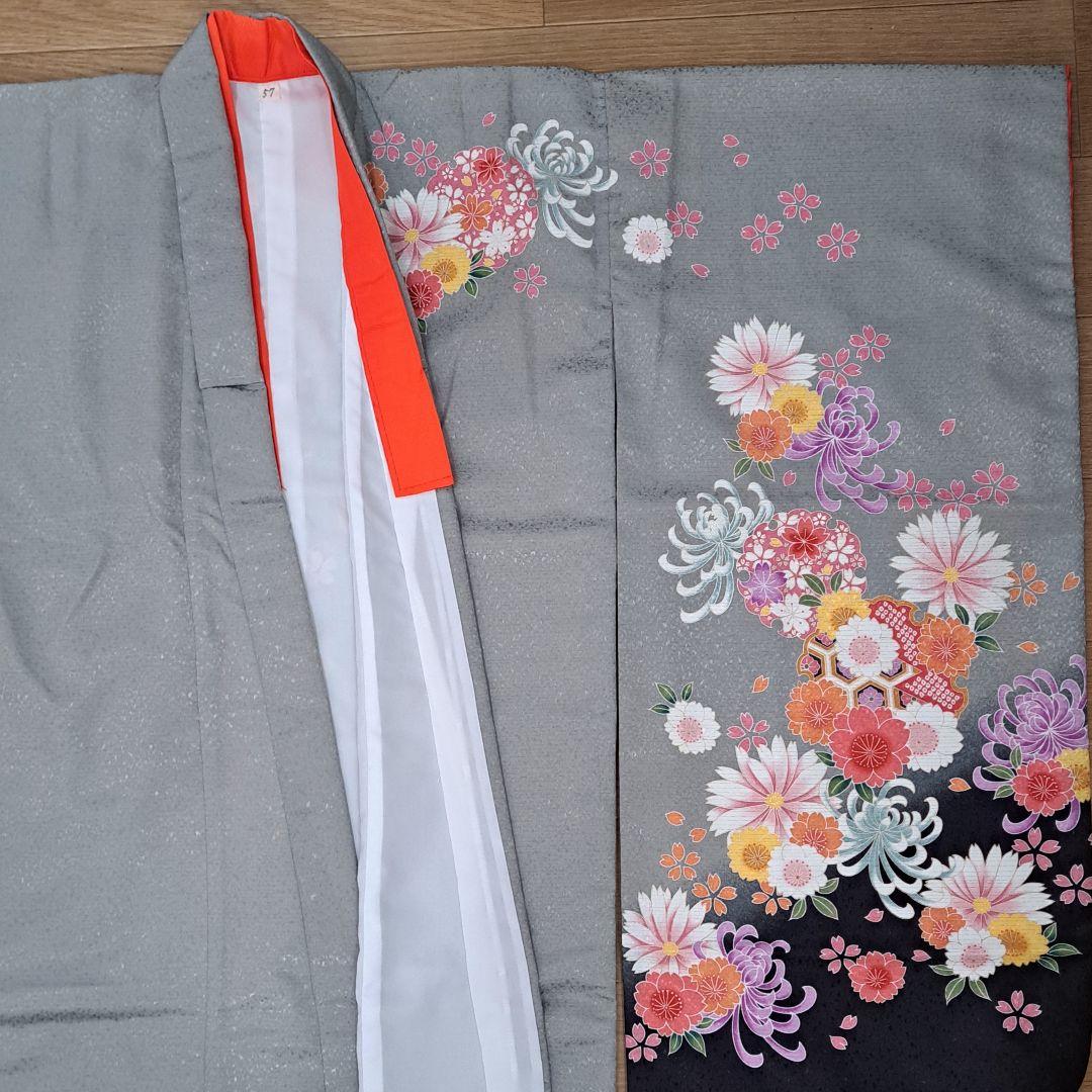 専用 新品未使用 フルセット 七五三着物 七歳祝着(グレー裾黒に菊柄)