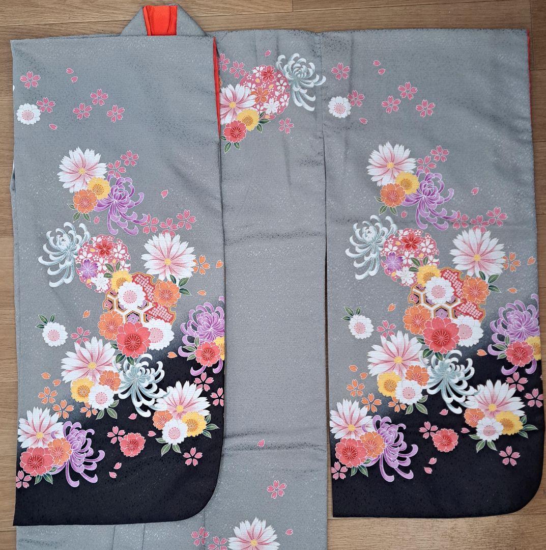 専用 新品未使用 フルセット 七五三着物 七歳祝着(グレー裾黒に菊柄)