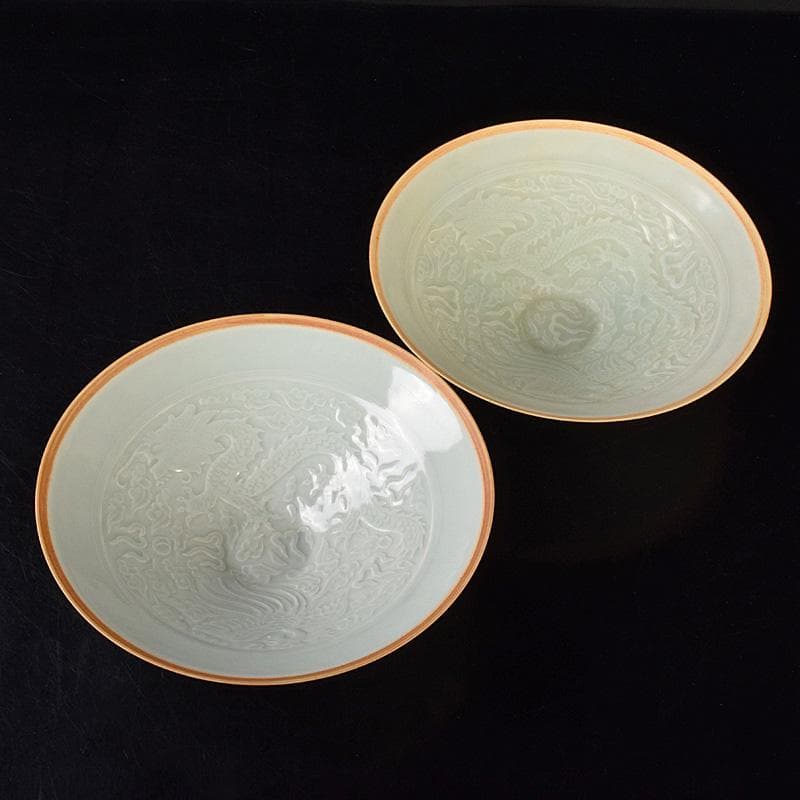 中国　影青　青白釉　陽刻　鳳凰雲龍文　鉢　2点　時代箱付　C　R7794