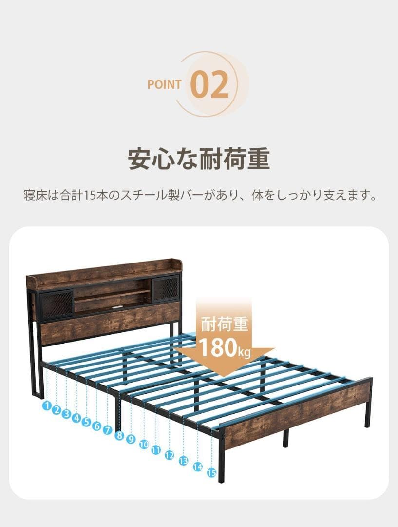 【宮棚＆コンセント付】D・ダブルベッド 木×スチール 北欧風 ヴィンテージ調