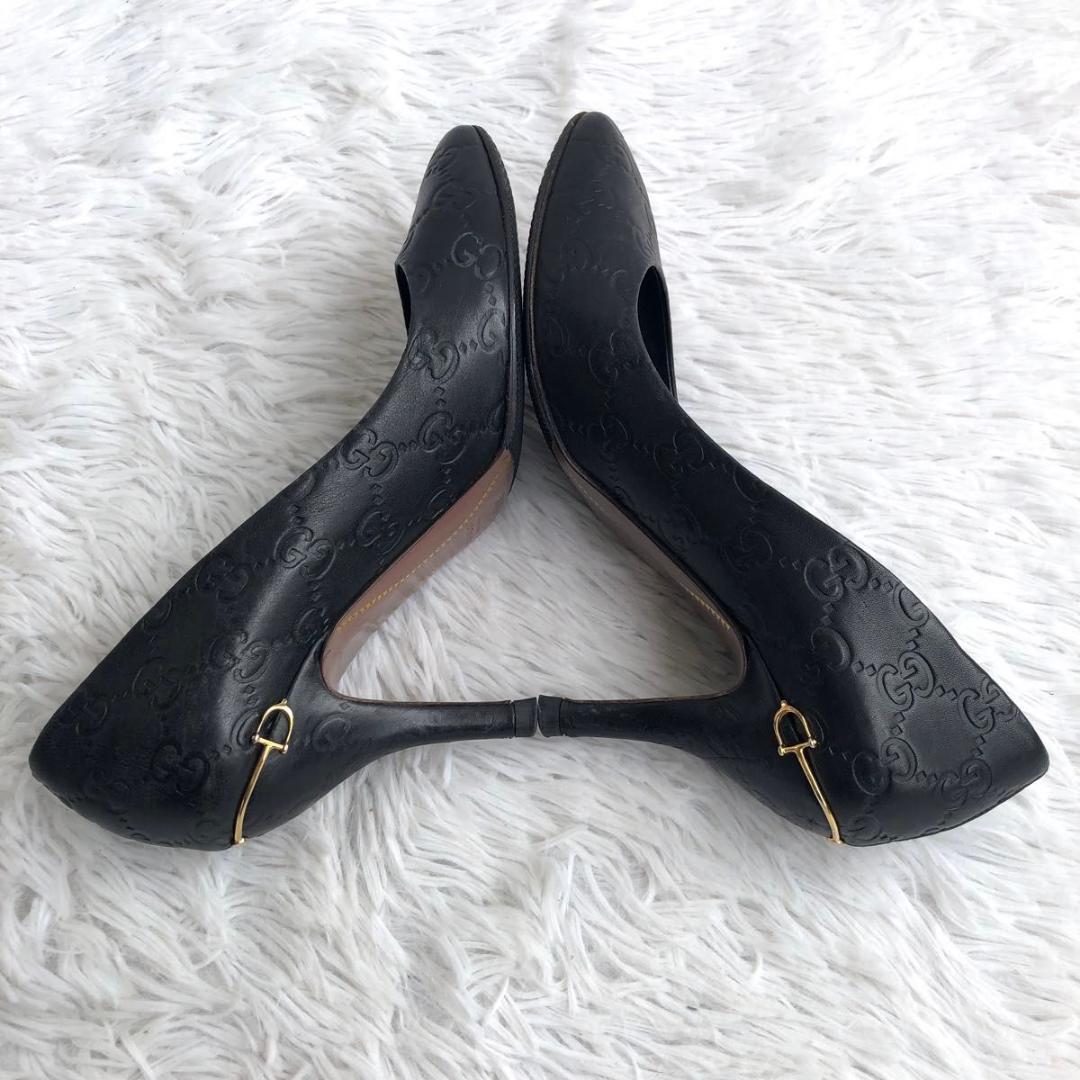 パンプス 23.5 黒 GUCCI グッチ GG シマ 本革 レザー ハイヒール