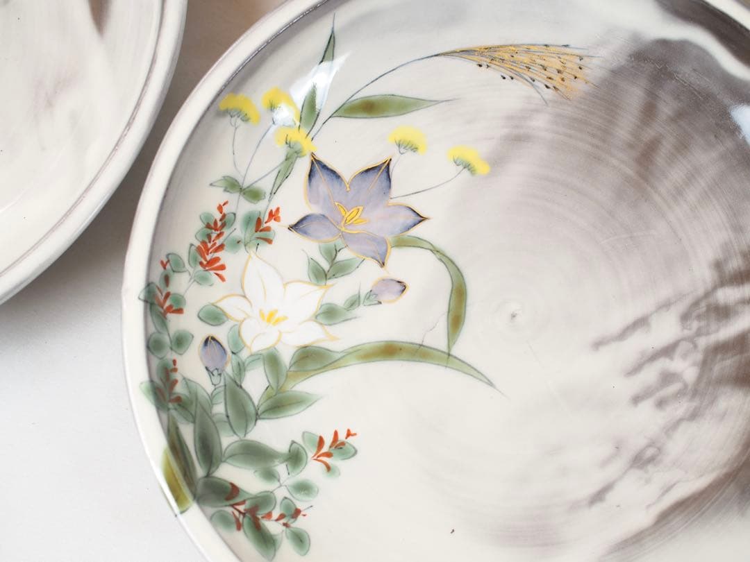 陶葊 陶あん 清水焼 京焼 大皿 8寸 24cm 5枚揃い 白掛五草花 共箱付き