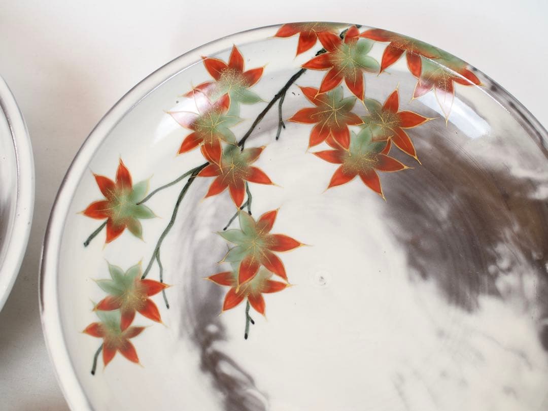 陶葊 陶あん 清水焼 京焼 大皿 8寸 24cm 5枚揃い 白掛五草花 共箱付き