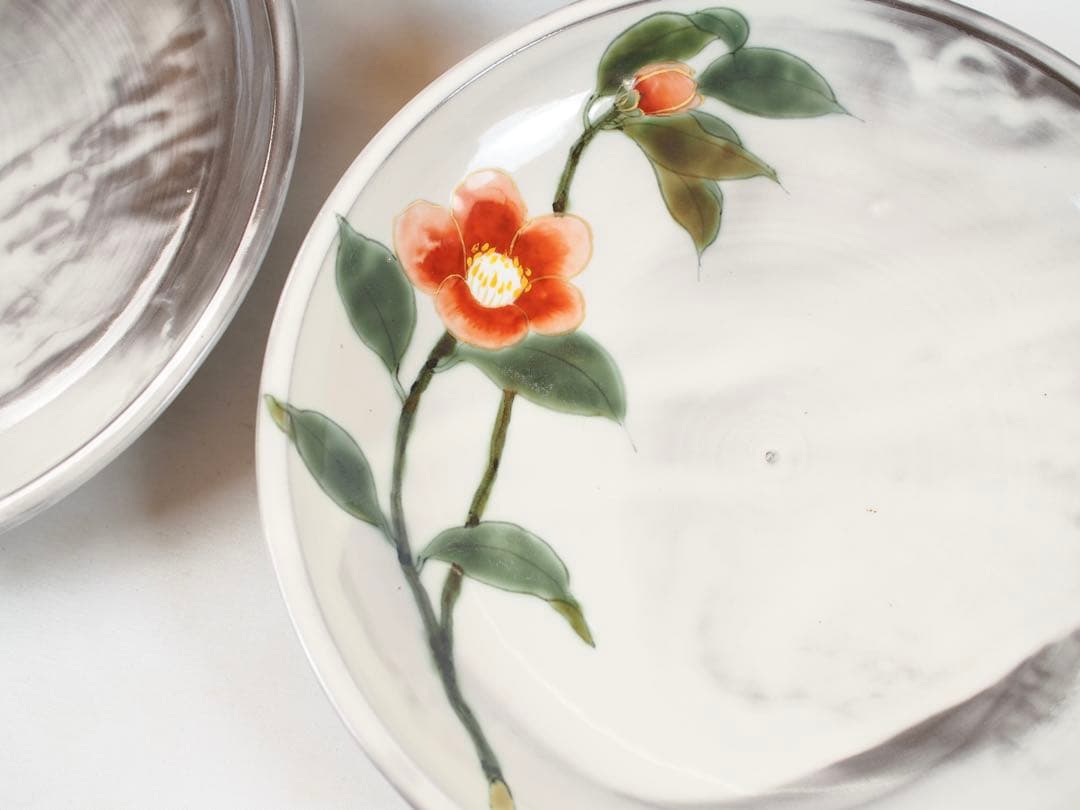 陶葊 陶あん 清水焼 京焼 大皿 8寸 24cm 5枚揃い 白掛五草花 共箱付き