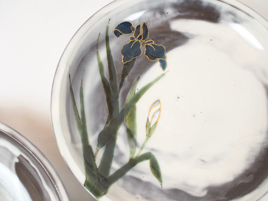 陶葊 陶あん 清水焼 京焼 大皿 8寸 24cm 5枚揃い 白掛五草花 共箱付き