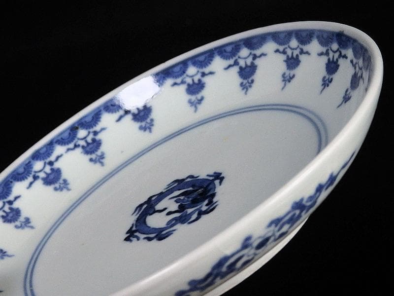 古伊万里　染付　型刷り印判　団龍紋に瓔珞紋の図　４寸半皿　D648AS-CBd