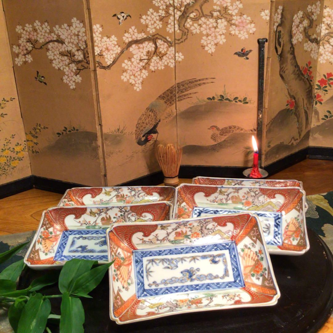 A549 古伊万里　上手　染錦手　おしどり牡丹　扇面に蝶紋様　隅切長皿　5枚