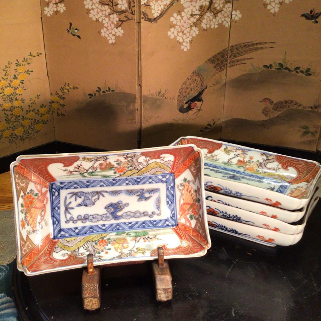 A549 古伊万里　上手　染錦手　おしどり牡丹　扇面に蝶紋様　隅切長皿　5枚