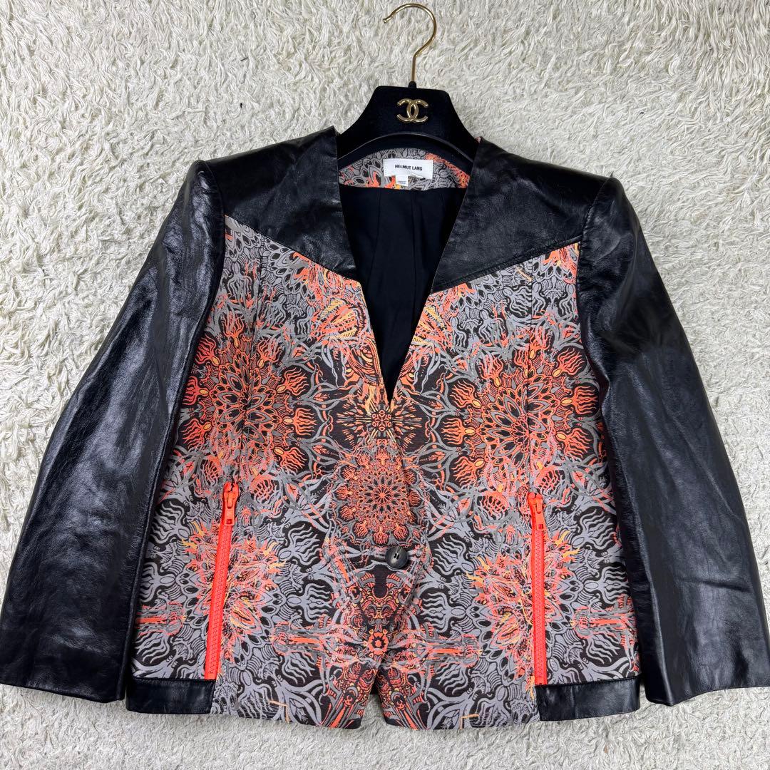 ヘルムートラング メダリオンジャカード ラムレザー 切替 ノーカラージャケット