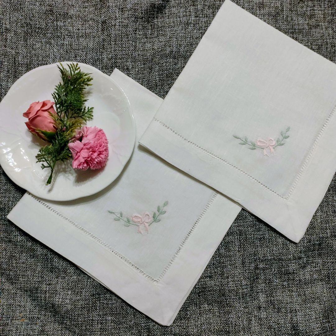 ♥新品 正方形 リネン キッチンクロス ランチクロス 刺繍 リボン 2枚セット