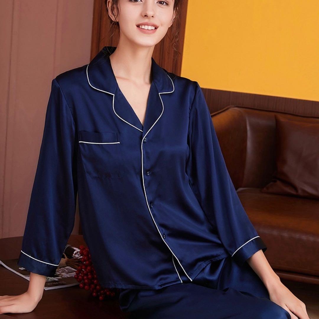 シルクパジャマ ネイビー&シャンパンピンク　絹100% XL 上下セット