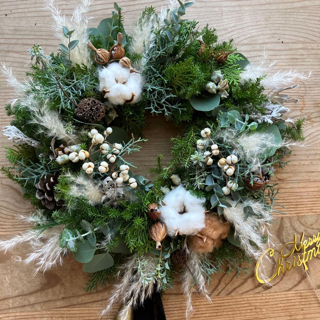 30㎝　雪降る森のクリスマスリース　コットン　フレッシュ針葉樹　ナンキンハゼ