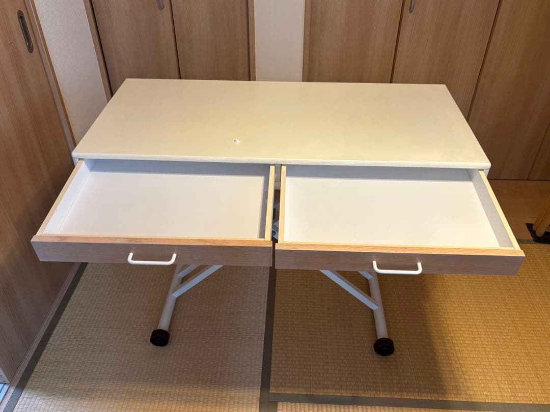昇降式ホワイト 引き出し付き　テーブル　110cm×50cm
