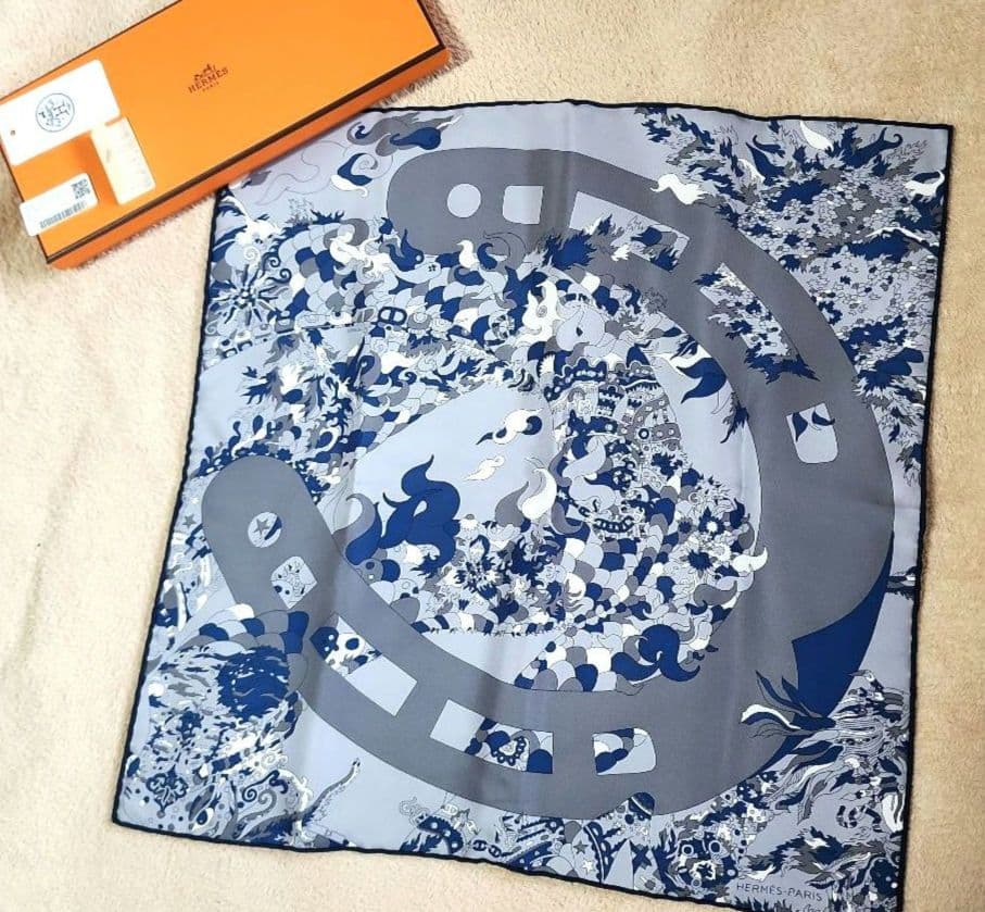 美品・box付【HERMES】ガヴロッシュ ブルー カレ45 エルメス スカーフ