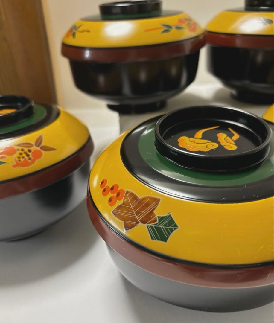 木製漆器　山人艸果蒔絵　煮物椀　山中塗　蓋付煮物椀五客揃い　アンティーク高級漆器