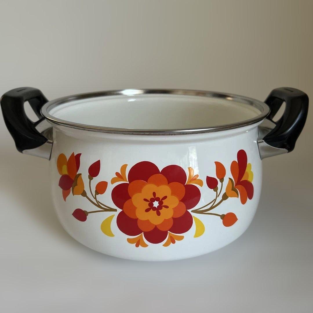未使用 マルビシ 昭和レトロ フラワー柄　ホーロー両手鍋