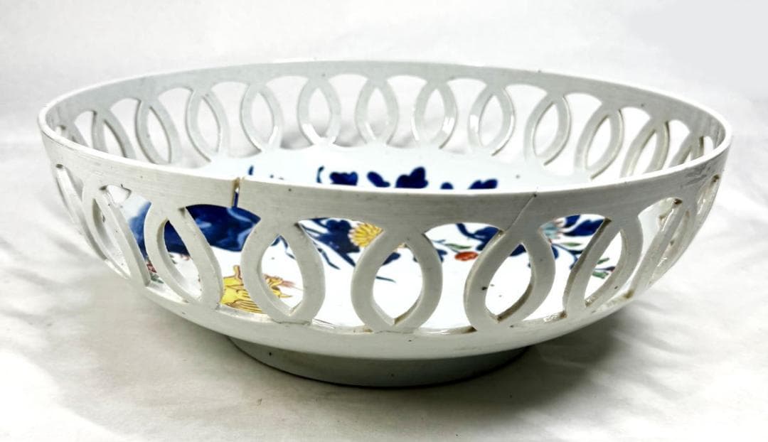 江戸時代 古伊万里 花卉虎紋様透かし彫り大鉢 青花 菓子器 伝世品WWTT186