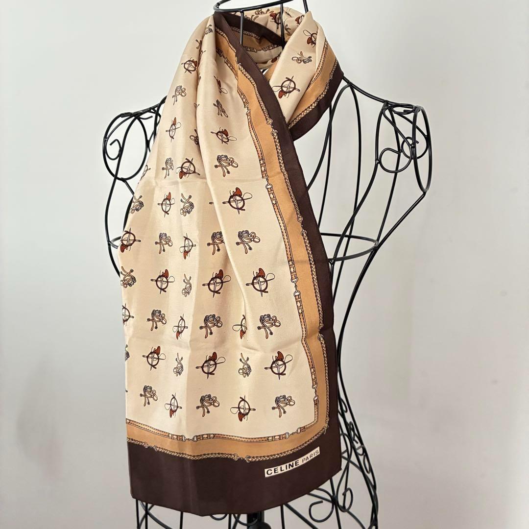 【美品】CELINE セリーヌ スカーフ 馬具モチーフ ブラウン系 116×26