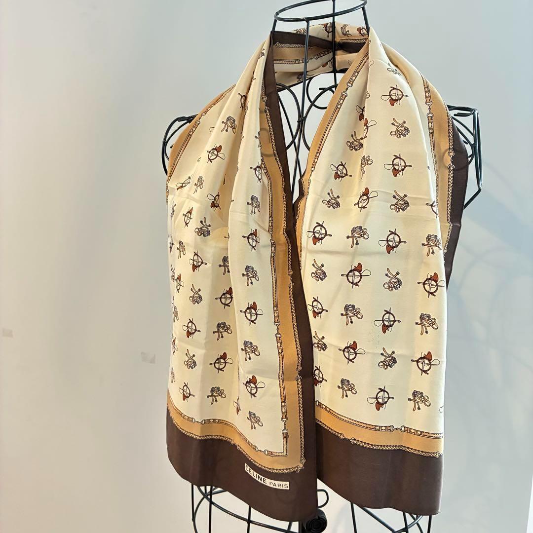 【美品】CELINE セリーヌ スカーフ 馬具モチーフ ブラウン系 116×26