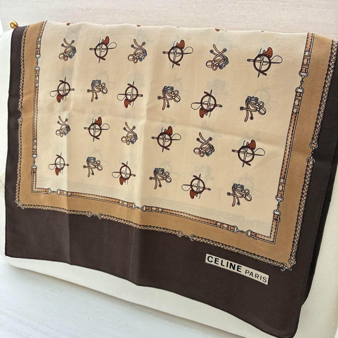 【美品】CELINE セリーヌ スカーフ 馬具モチーフ ブラウン系 116×26