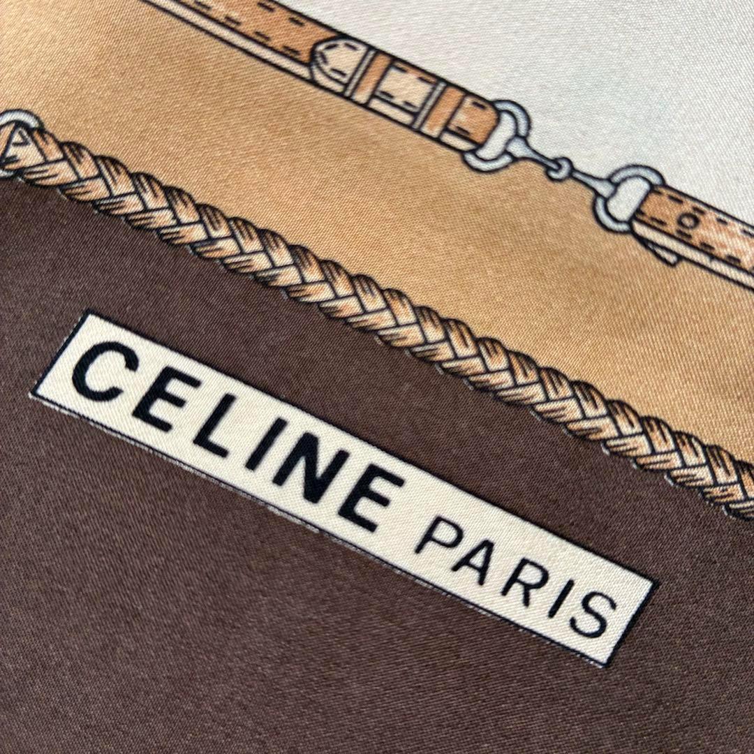 【美品】CELINE セリーヌ スカーフ 馬具モチーフ ブラウン系 116×26