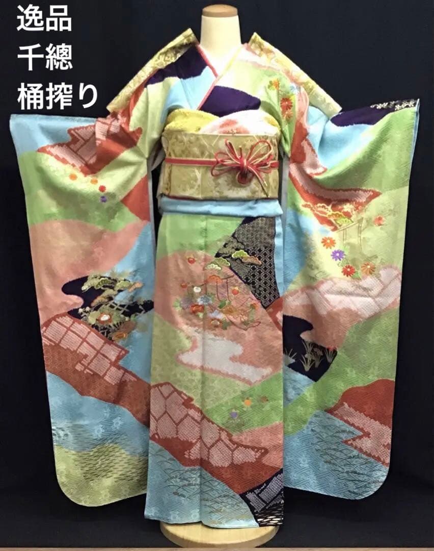 逸品 千總 京友禅 桶絞り 刺繍 絞り 振袖 川島袋帯フルセット