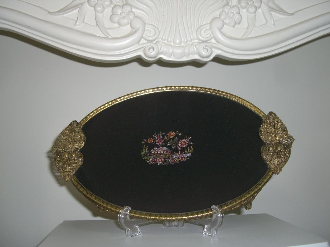 レア希少★プチポワン★ブラック×刺繍ガラスドレッシングトレー★アンティーク品