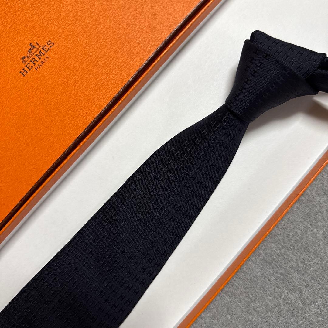 エルメス　ネクタイ　濃紺　H柄H織ファソネ