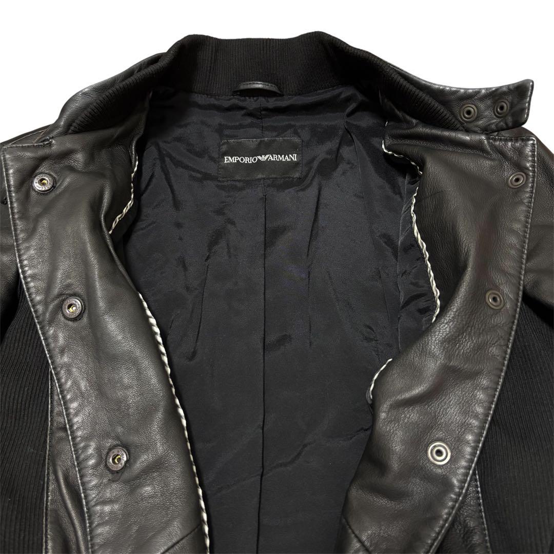 エンポリオアルマーニ レザージャケット L ライダース ラムレザー ニット 黒