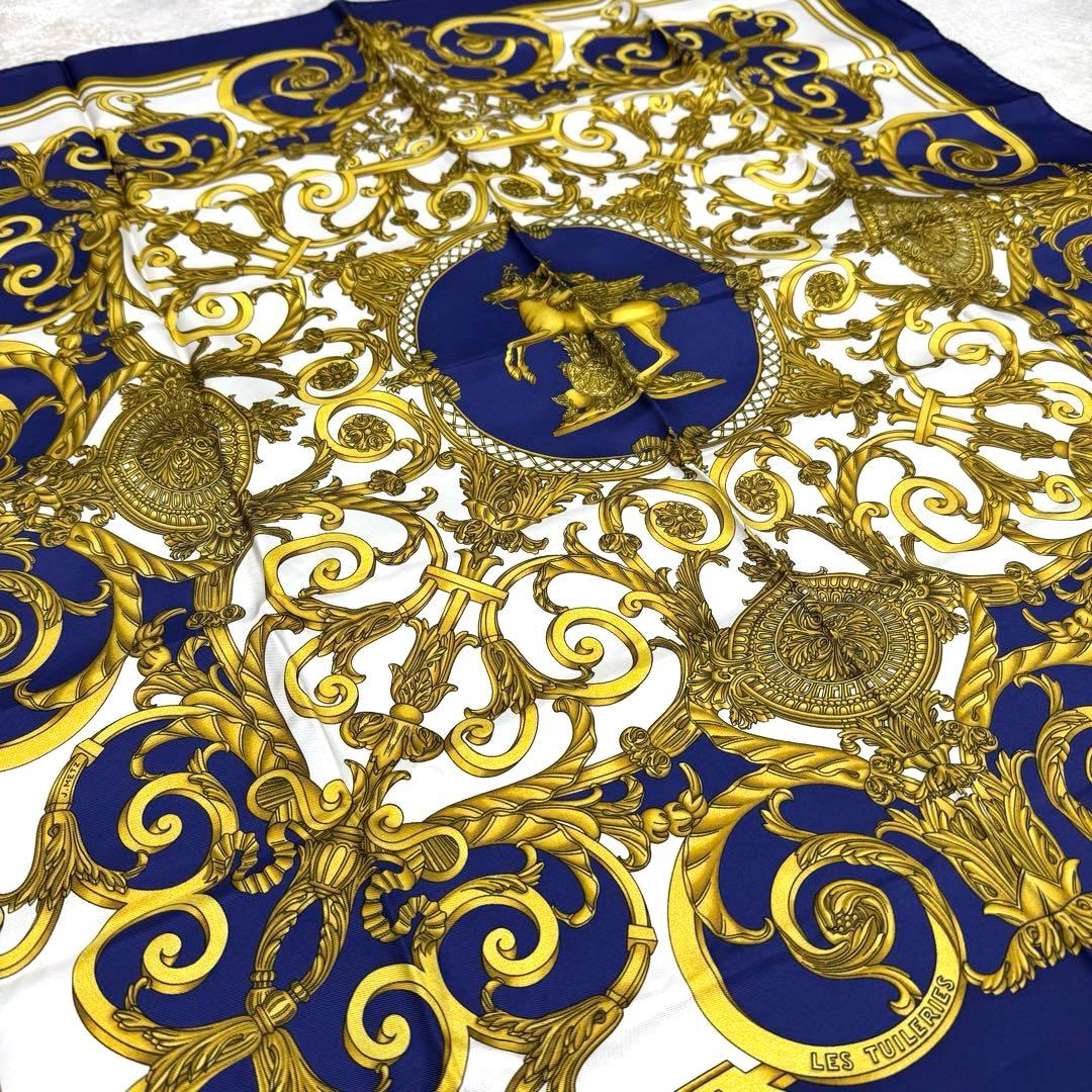 エルメス　カレ90 チュイルリー公園　ブルー　ゴールド