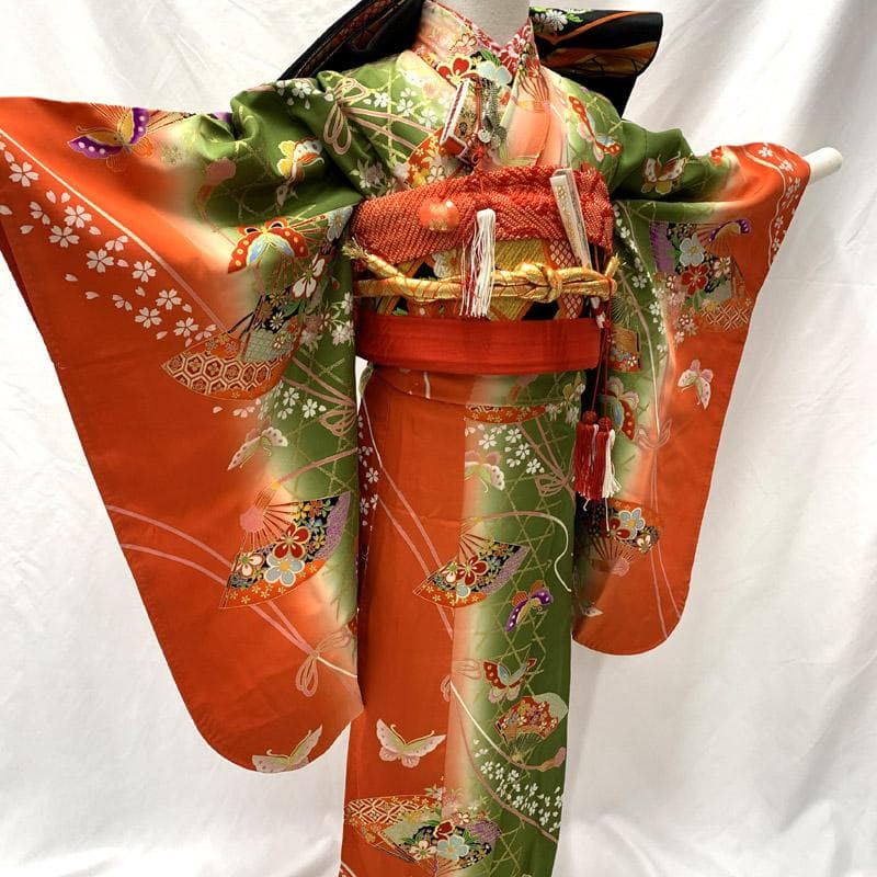 506ag29■七五三 七歳 女児 着物&袋帯 扇 蝶 金彩■状態良好