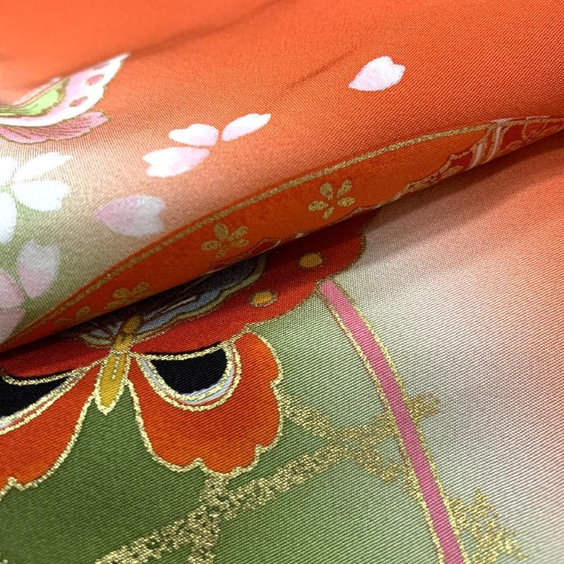 506ag29■七五三 七歳 女児 着物&袋帯 扇 蝶 金彩■状態良好