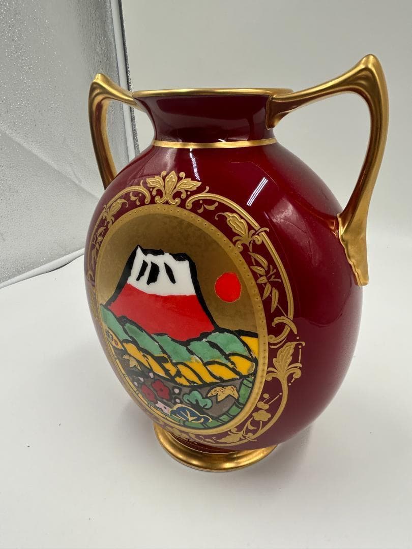 【中古美品】ノリタケ 片岡球子 辰砂飾り壷「めでたき富士」 松坂屋150本限定