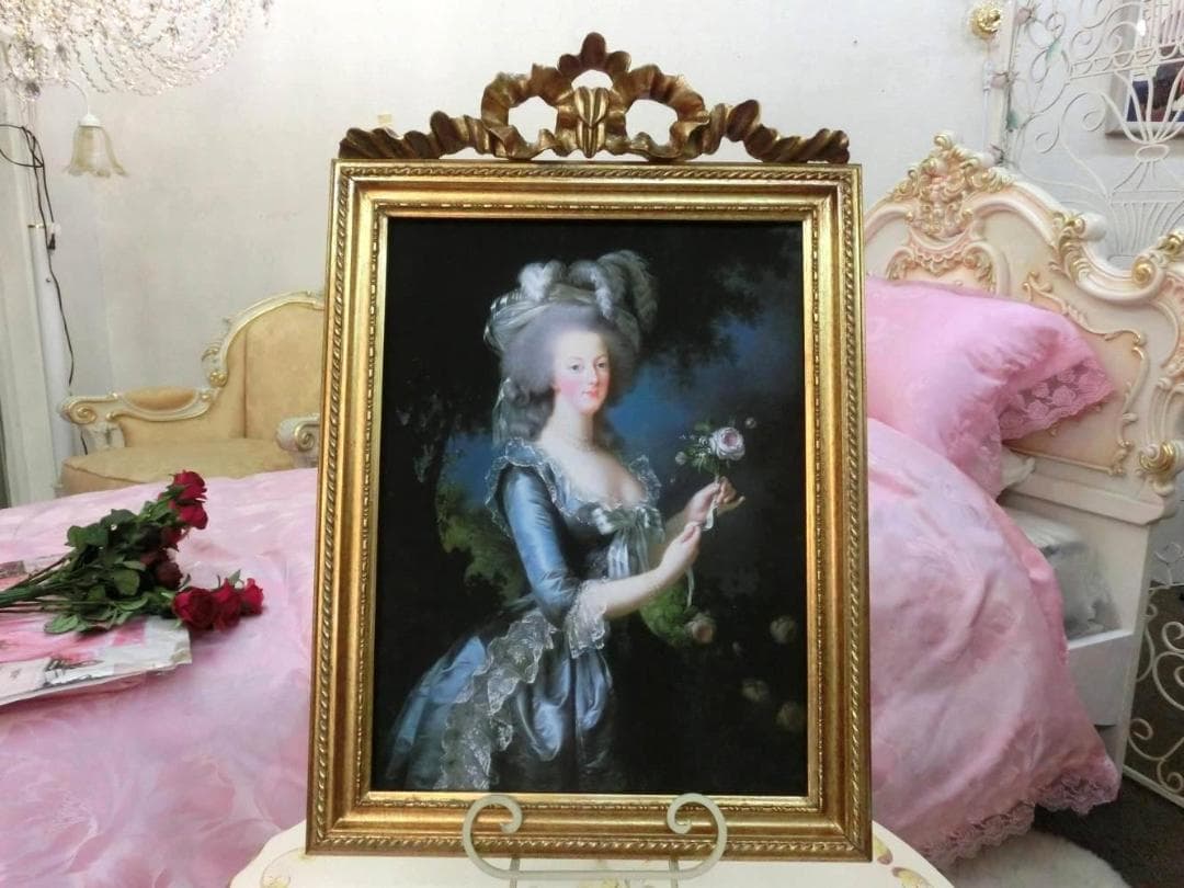 ロココ調　アンティークゴールドフレーム　マリーアントワネット　額絵　ブルードレス
