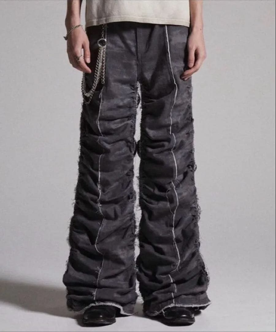 GRANCY シャーリングダメージデザインコットンパンツ　グレー