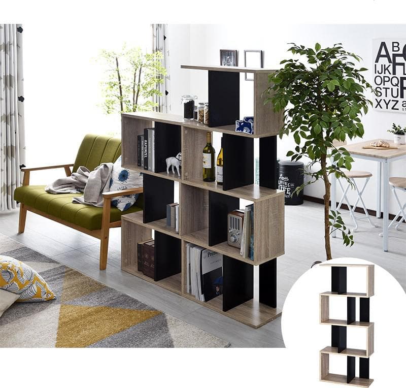 ディスプレイラック S字 4段タイプ 多目的収納 本棚 書棚 オーク×ブラック