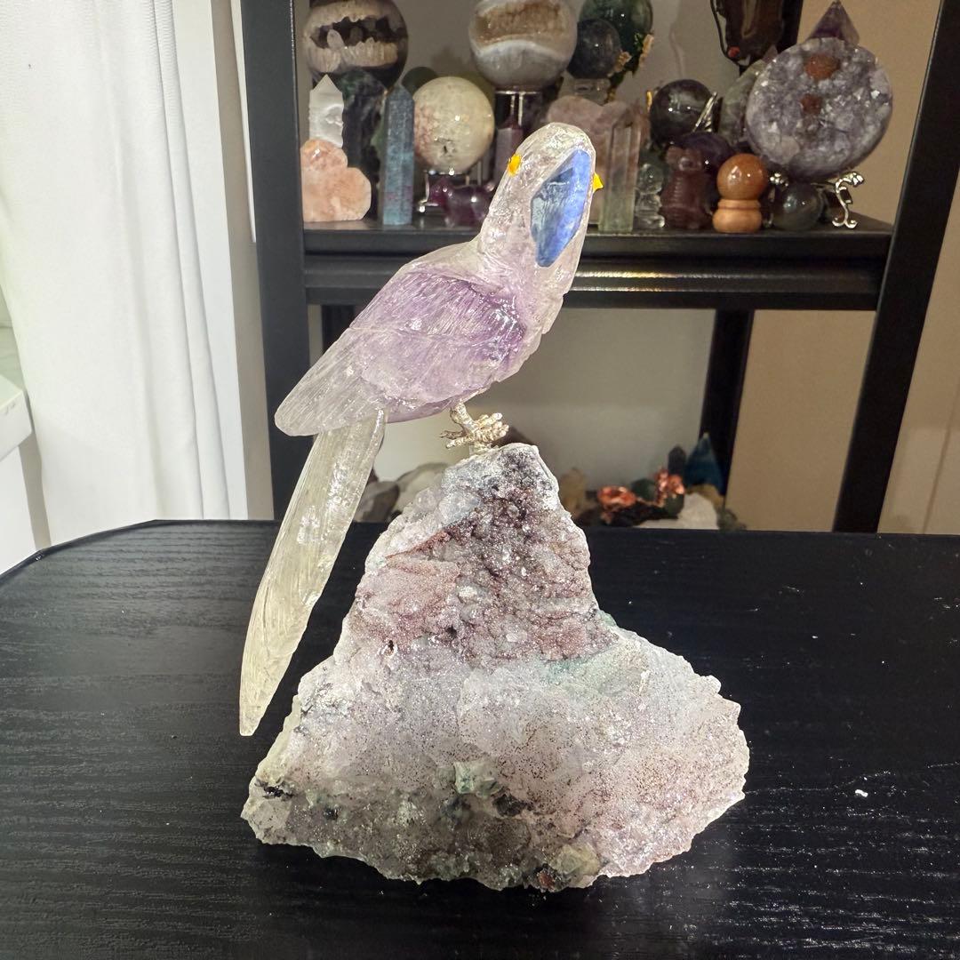 天然石アメジストのオウム　置物NO.101314