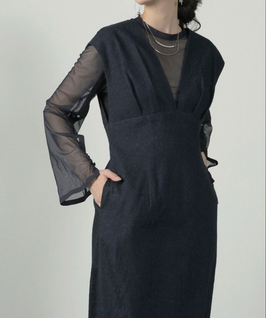 ANDRESD ジャガードワンピース オケージョンワンピース ネイビー Lサイズ