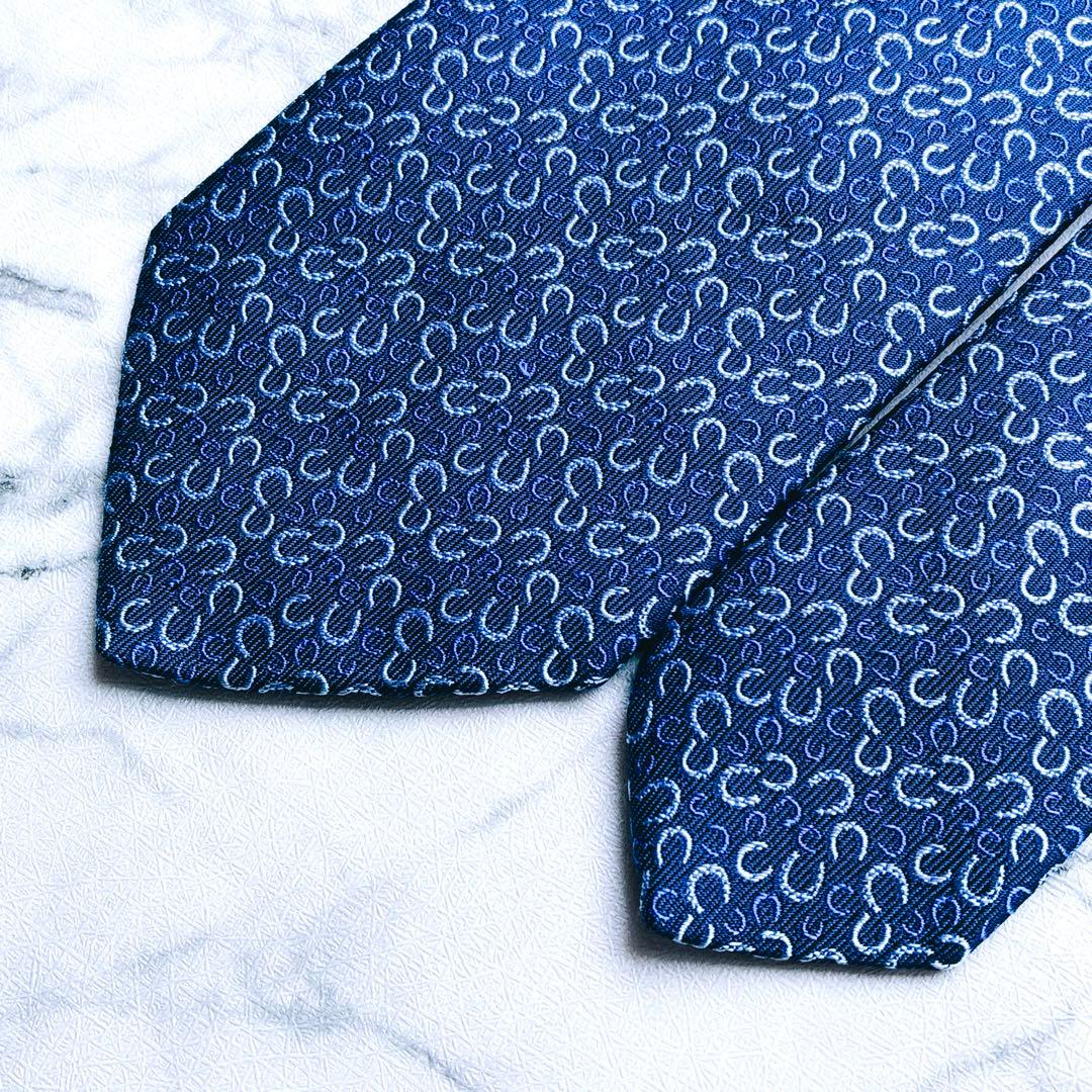 ✨極美品✨エルメス　ホースシュー　馬蹄　総柄　ブルー　ネクタイ