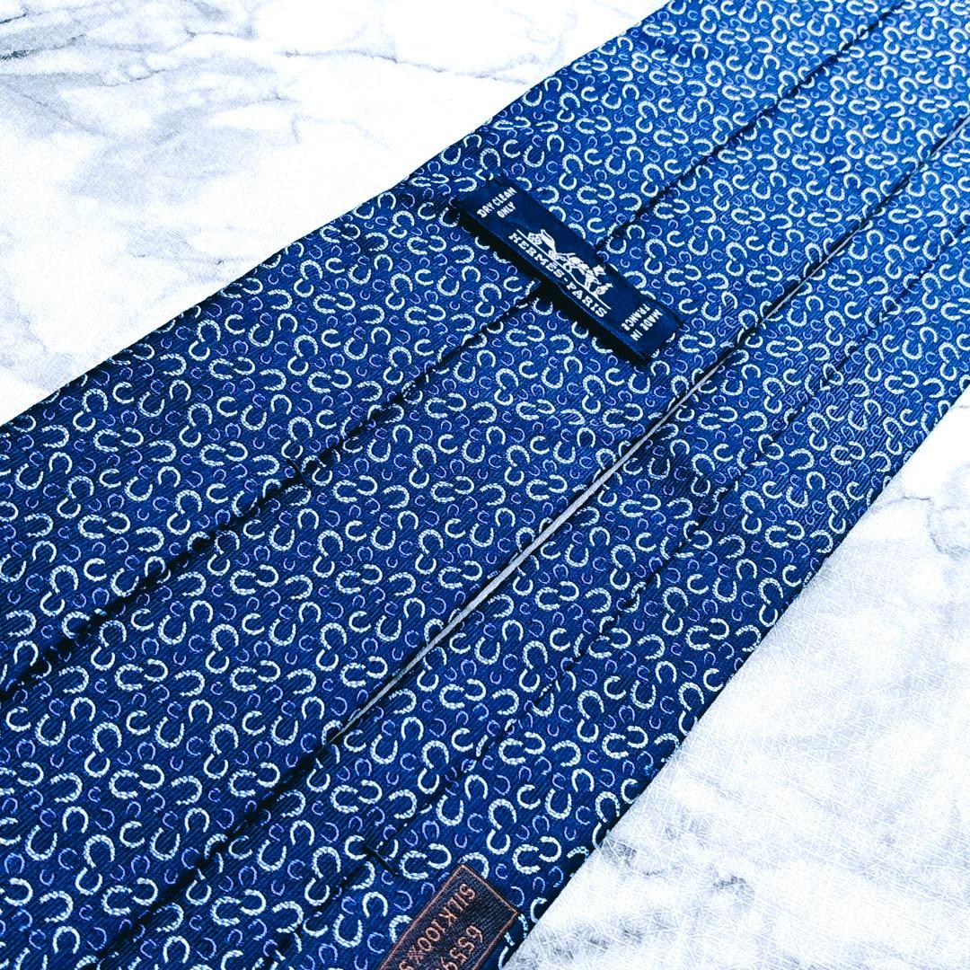 ✨極美品✨エルメス　ホースシュー　馬蹄　総柄　ブルー　ネクタイ