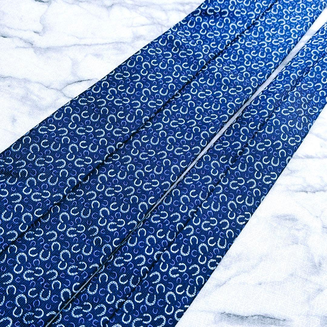 ✨極美品✨エルメス　ホースシュー　馬蹄　総柄　ブルー　ネクタイ