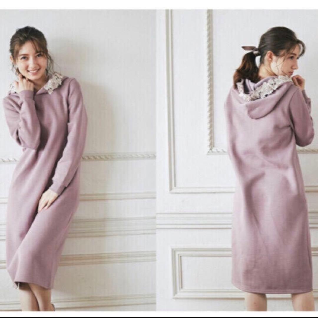 新品 トッコ フラワー レース 裏起毛 パーカー ワンピース ●