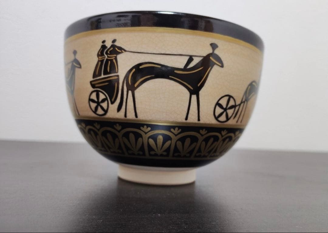 清閑寺窯 杉田祥平造 茶道具 抹茶碗 色絵ギリシャ黒像式馬車画 茶碗
