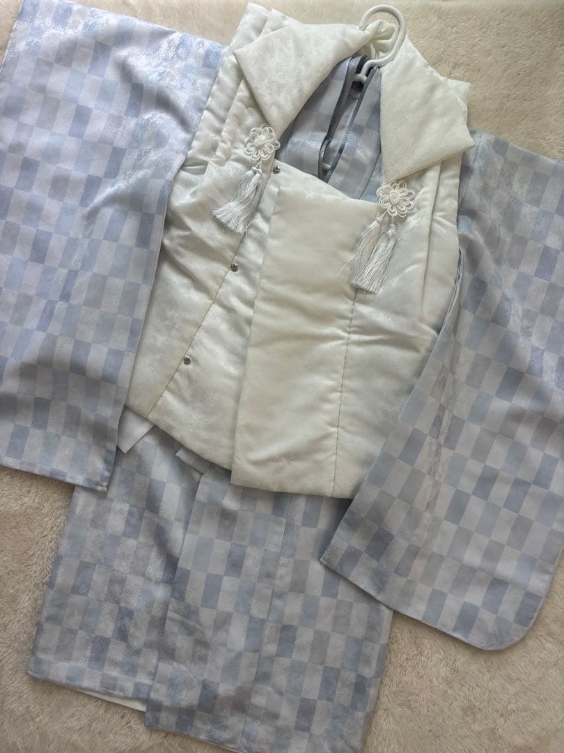 被布着 白・水色チェック 七五三　3歳男の子